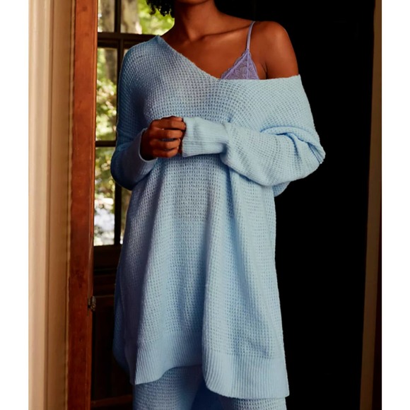 Free People Sweaters - Free People Intimately C.O.Z.Y. Pullover Sweater Neon Sky Waffle Knit Size M/L